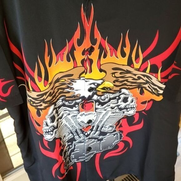 Dragonfly Clothing Co. Fire Eagle‎ Skull Motor Buttondown Short Slv Sz XL Shirt - Picture 5 of 12